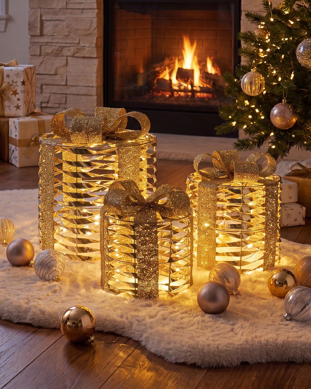 Set of 3 Christmas Decorations LED SLIVSO 20/25/30 cm Christmas Gifts Gold