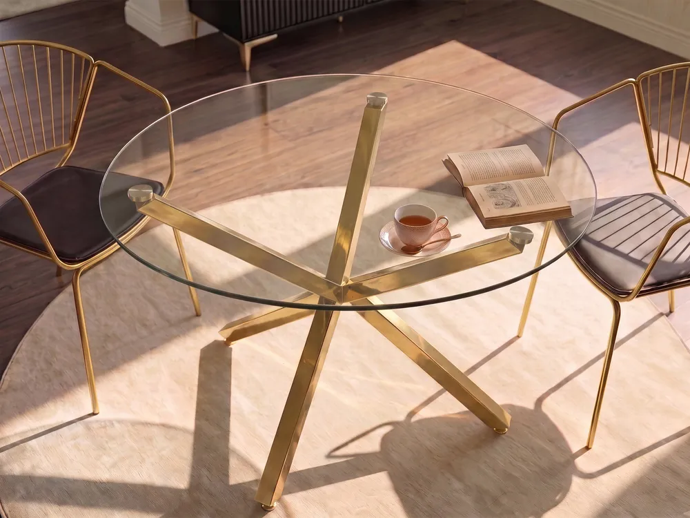 Dining Table BUTLER Gold 110 cm 110 cm Tempered Glass