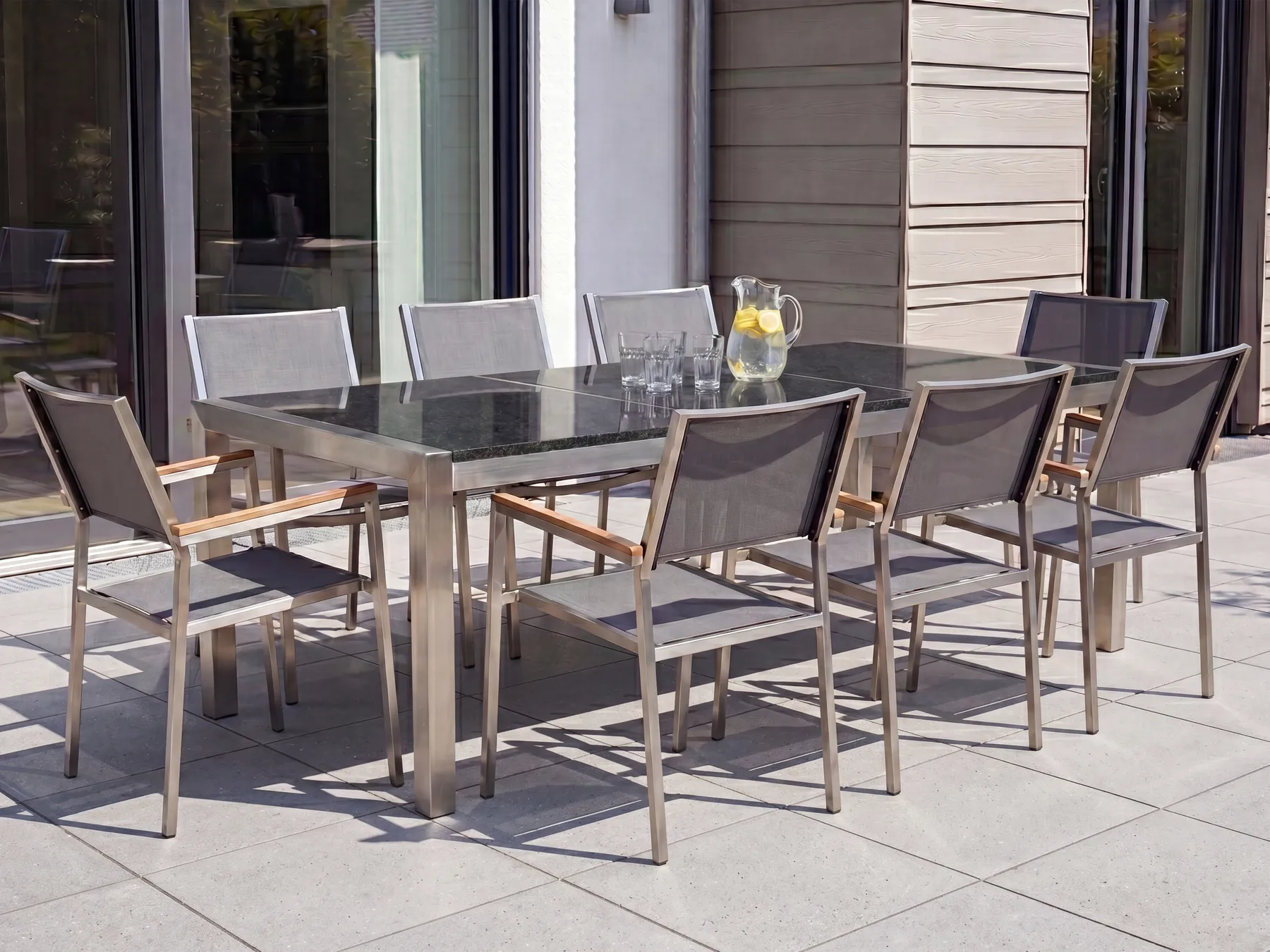 Garden Dining Set 8 Seater GROSSETO Triple Plate Granite Flamed Black/ Grey_380466