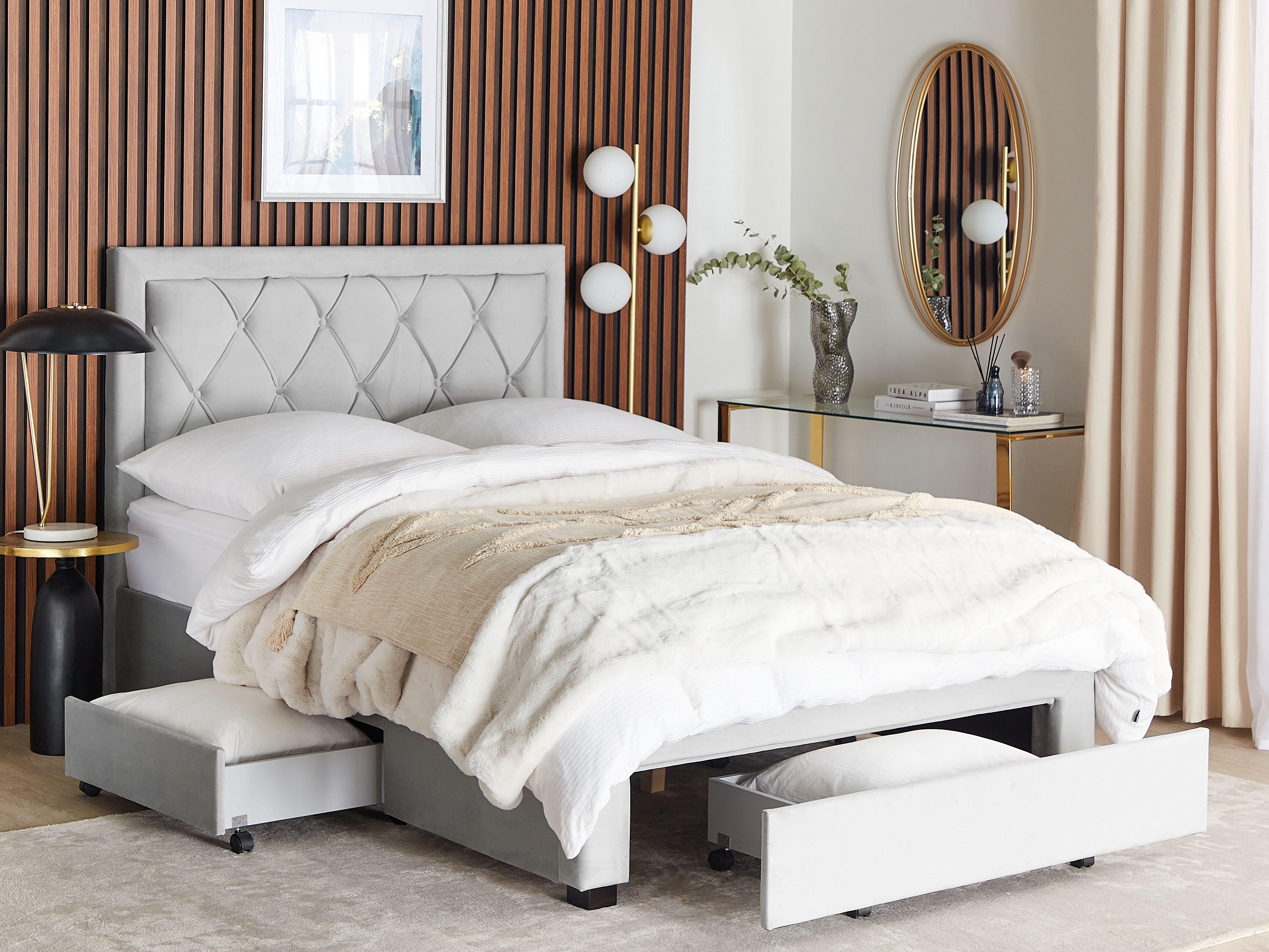 Bed with Storage Drawers LIEVIN Velvet Light Grey 140 x 200 cm (EU Double)_1180157