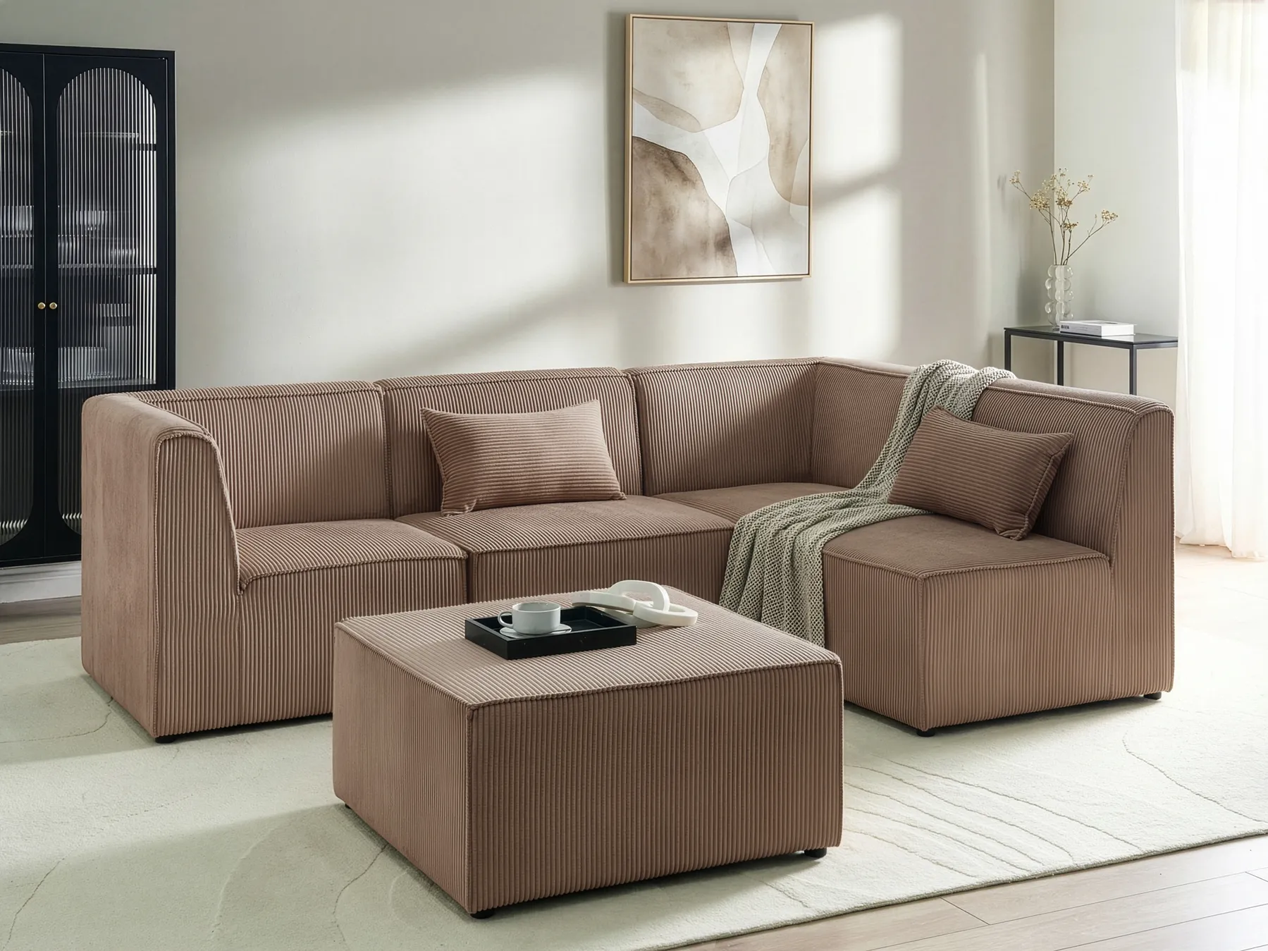Moduulikulmasohva 4-istuttava LEMVIG rahilla Vakosametti Tumma beige Vasen_1053328