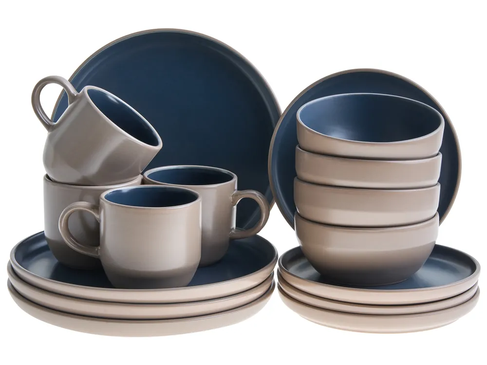 Set of 16 Dinnerware NUTMEG Stoneware Beige/ Blue