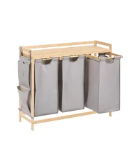 Set of 3 Laundry Baskets with Shelf TOROTAL Bamboo Light Brown/ Grey 120 L_1136203