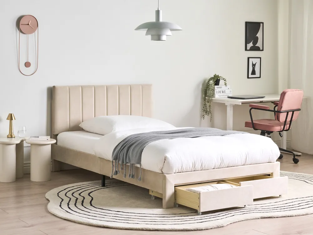 Velvet Bed with Storage Drawers Beige LONZAC Various Sizes