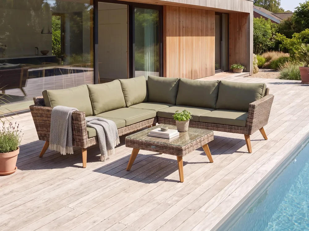 Garden Corner Sofa with Table 6 Seater VITTORIA PE Rattan Olive Green_1124443