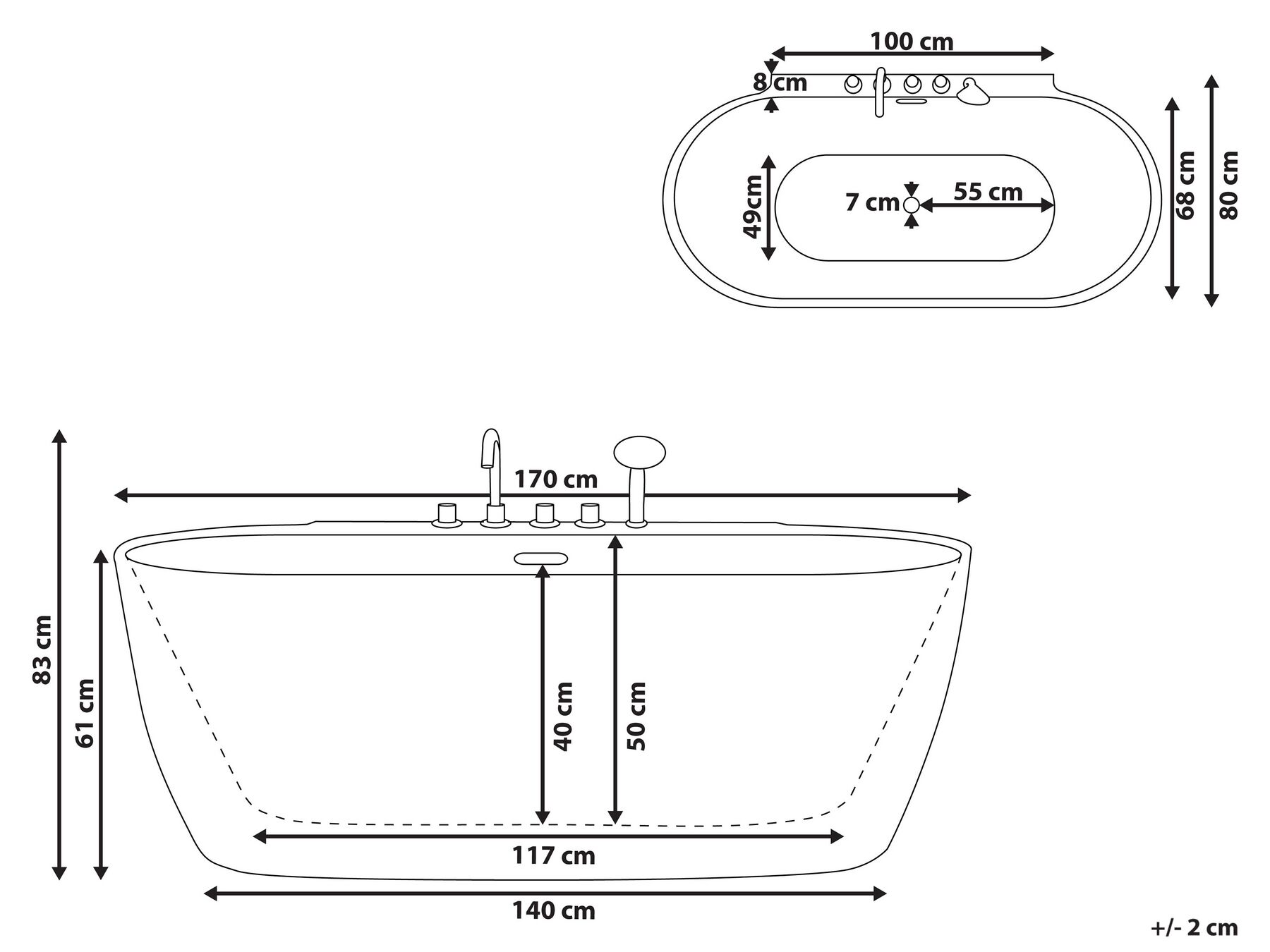 Fristående badkar ROTSO 1700 x 800 mm Svart/ Vit_811215