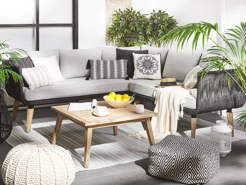 Garden Corner Sofa with Table 5 Seater ALCAMO Acacia Wood Black Left Hand_797768