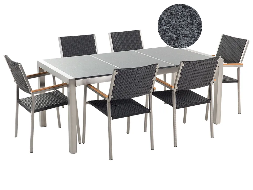 Garden Dining Set 6 Seater GROSSETO Triple Plate Granite Polished Grey/ Black