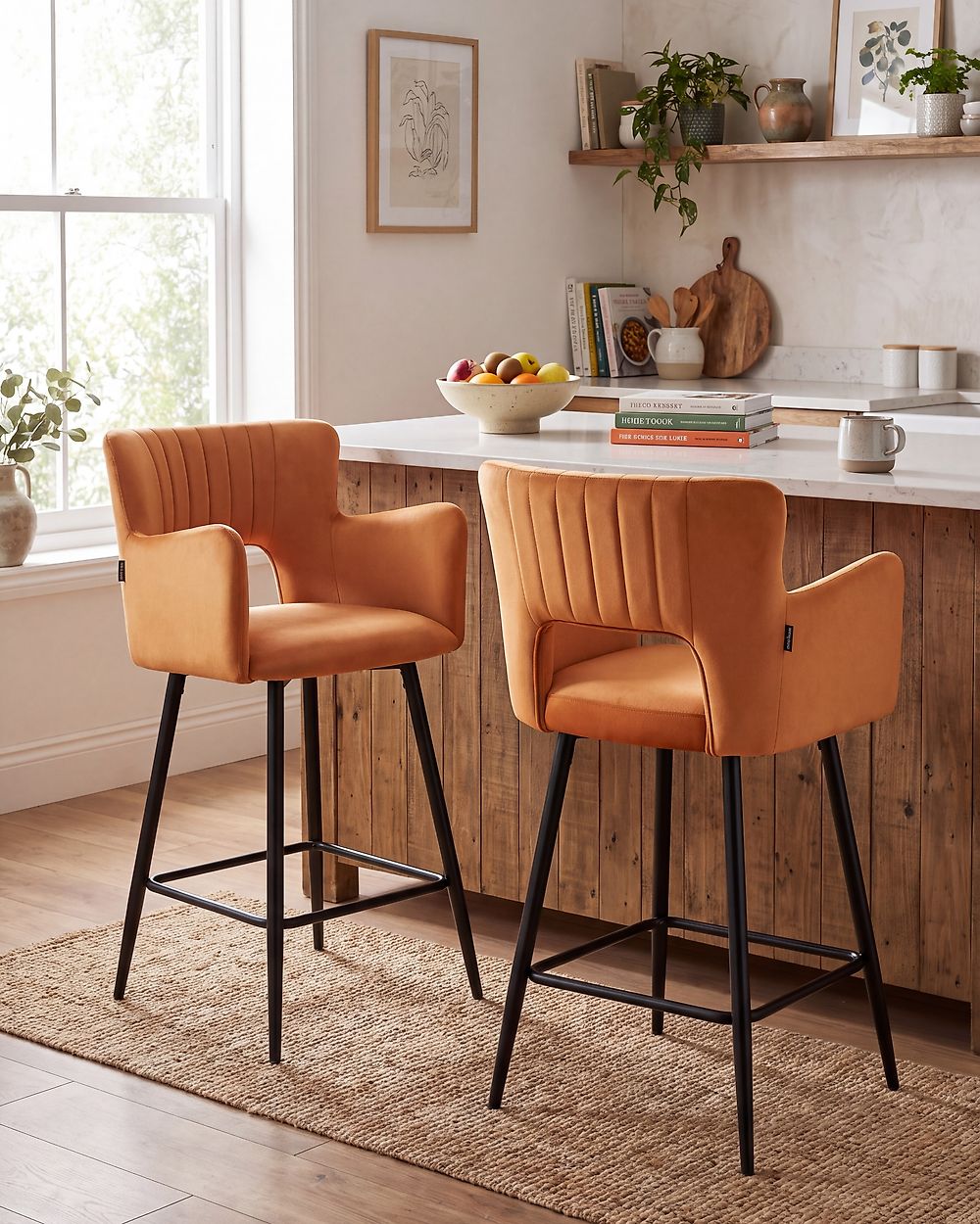 Set of 2 Bar Chairs SANILAC Velvet Orange