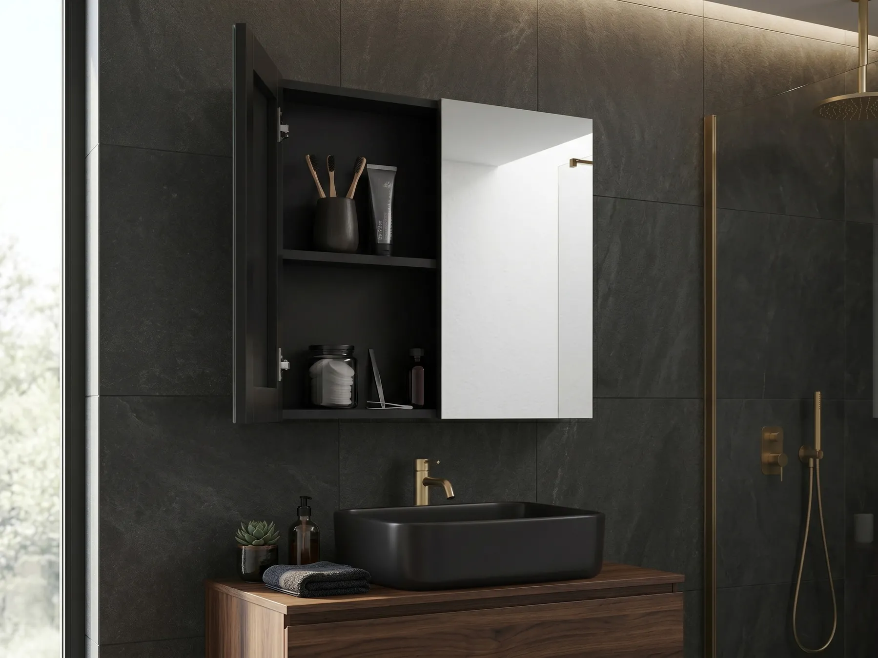 Bathroom Wall Mounted Mirror Cabinet NAVARRA 80 cm 70 cm Black_905871