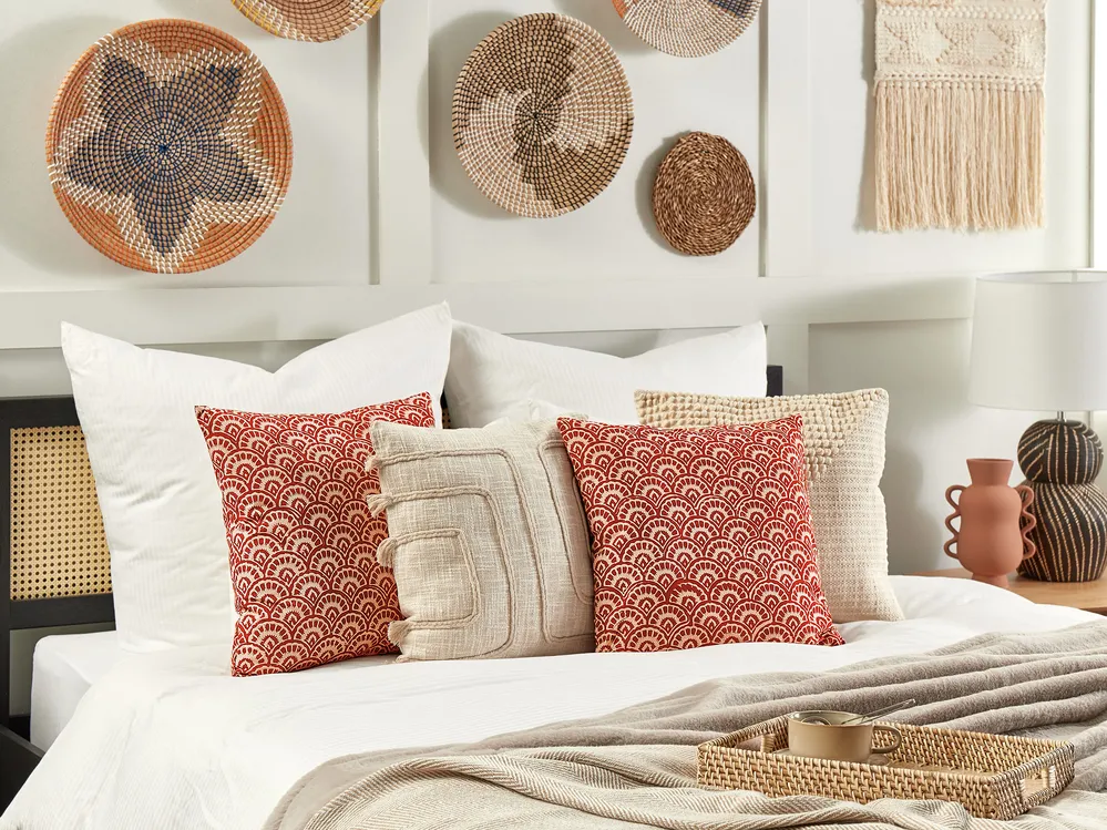 Set of 2 Decorative Cushions RHUS 45 x 45 cm Cotton Red Geometric Pattern