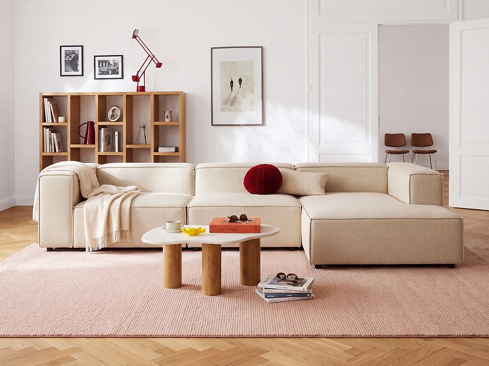 Modular Corner Sofa APRICA with Ottoman Faux Linen Beige Right Hand
