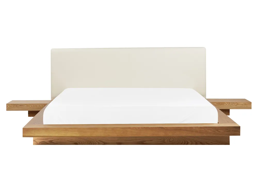 Bed with LED Faux Leather ZEN 160 x 200 cm (EU King Size) Natural Ash Wood_941332