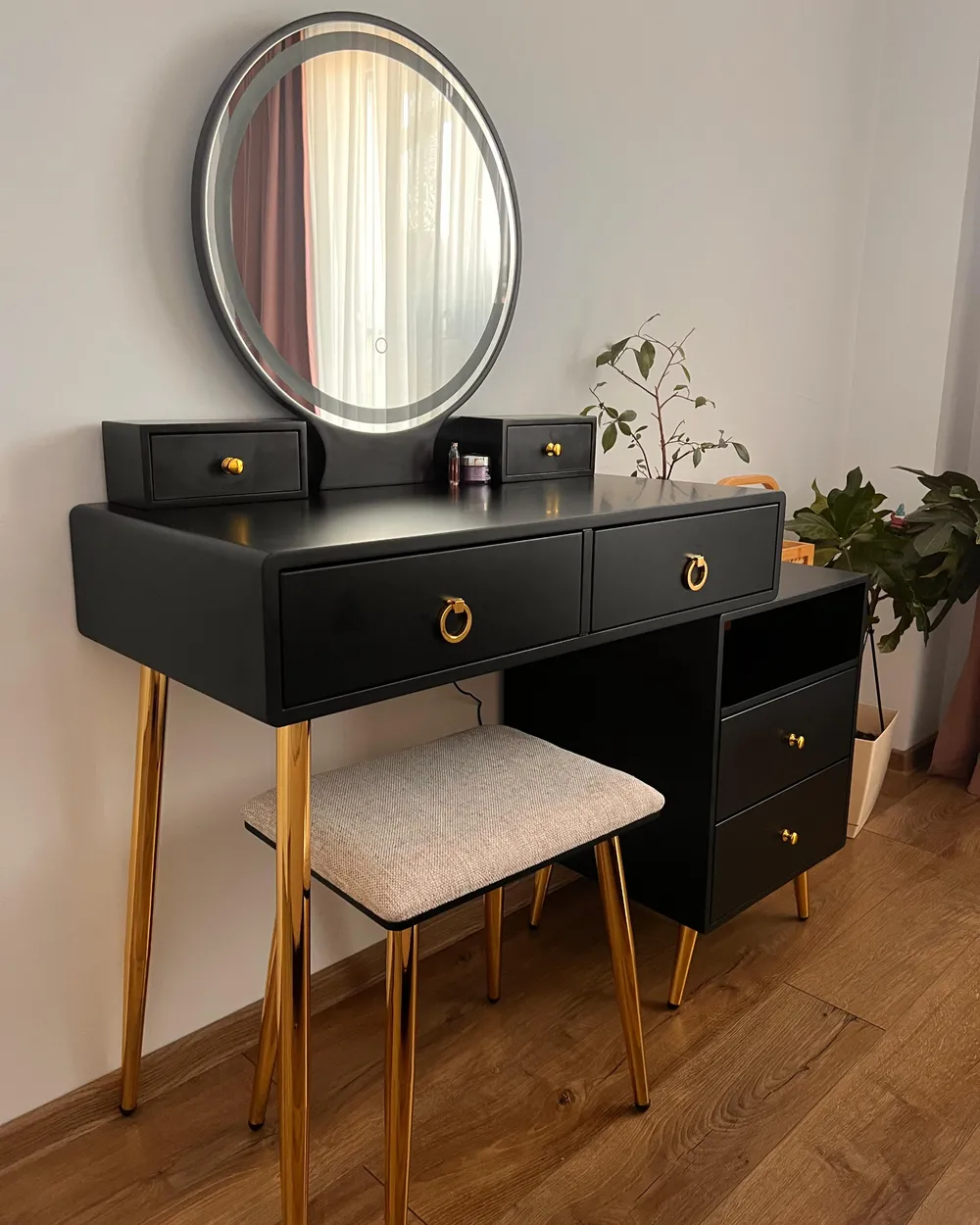 Dressing Table with Mirror and Stool YVES LED Black_1017415