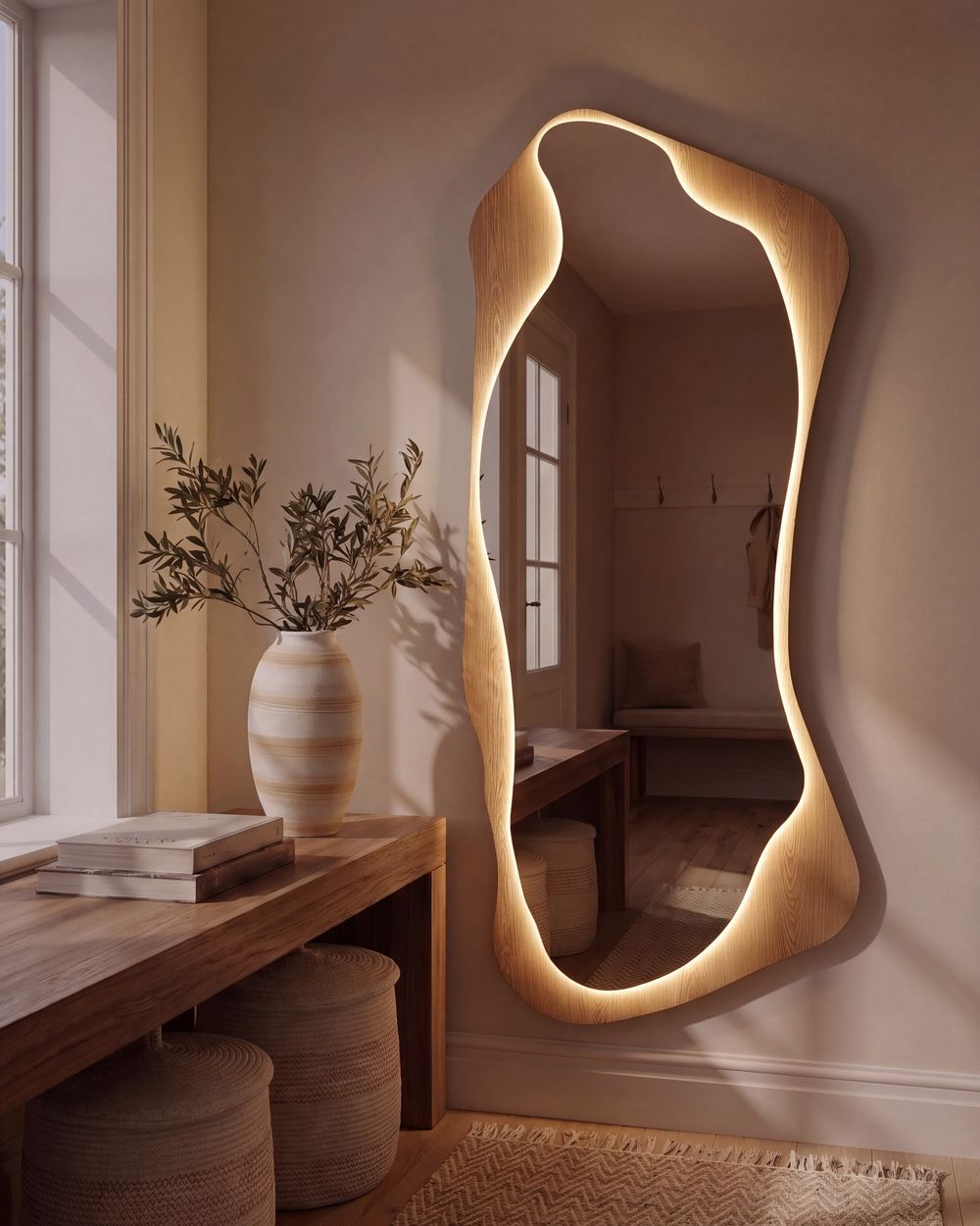 Seinäpeili LAMBLORE 58 cm 171 cm Vaaleanruskea LED-valo