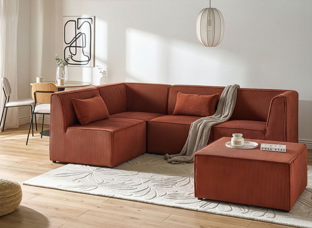 Modular Corner Sofa 4 Seater LEMVIG with Ottoman Corduroy Golden Brown Right Hand
