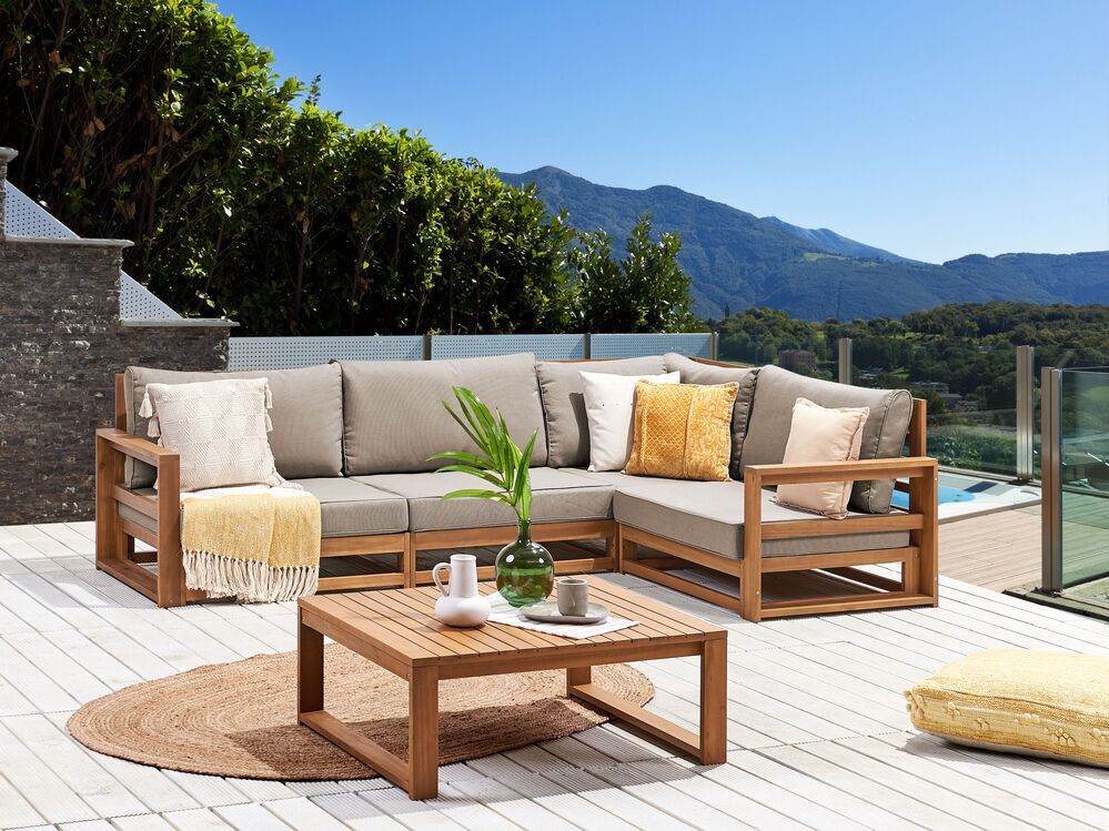Garden Corner Sofa with Table 4 Seater TIMOR Modular Certified Acacia Wood Light Brown Left Hand