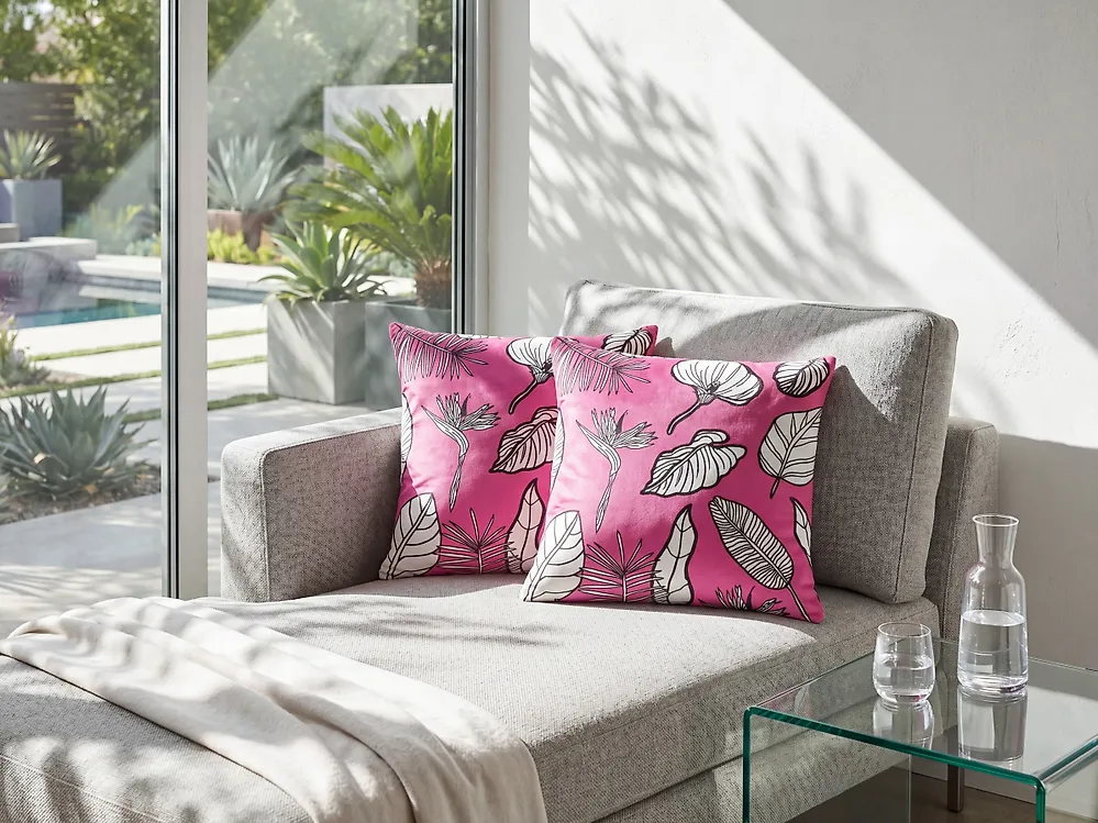 Set med 2 prydnadskuddar MALVA 45 x 45 cm Sammet Rosa Blommigt tryck_1183878