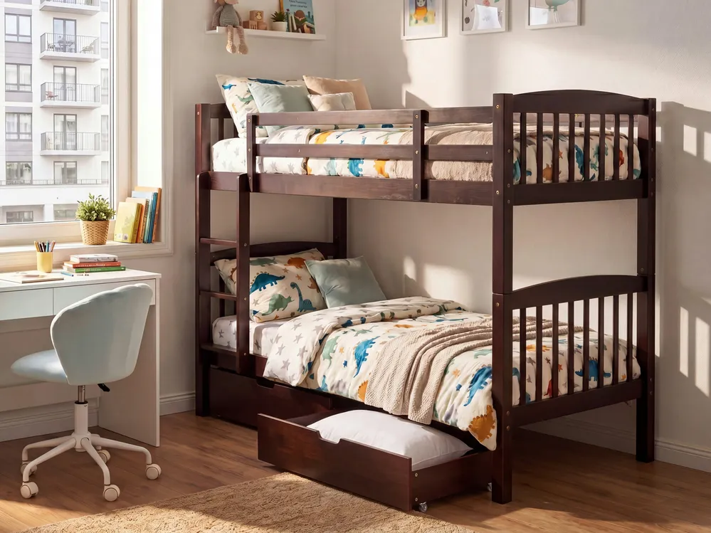 Bunk Bed with Drawers REVIN Pine Wood Dark Brown 90 x 200 cm (EU Single)