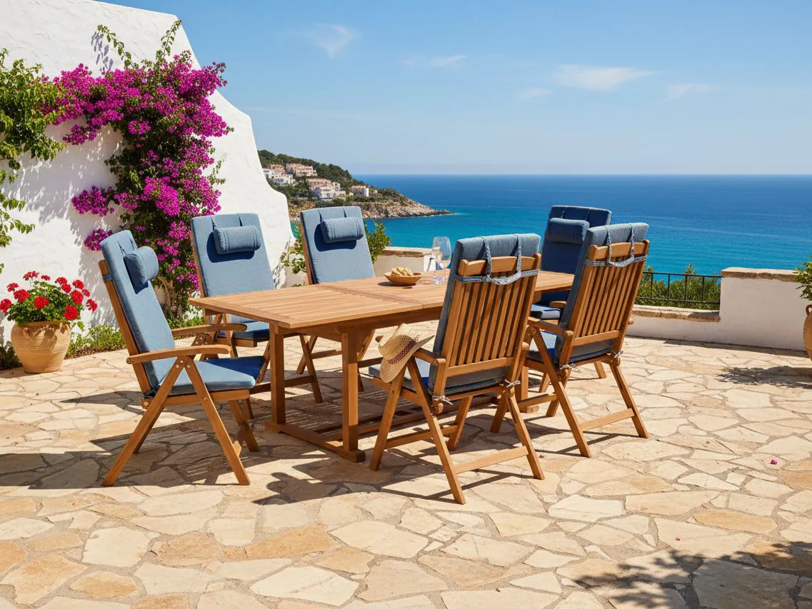 Set of 6 Garden Chairs with Cushions JAVA PREMIUM Acacia Wood Blue_1070808