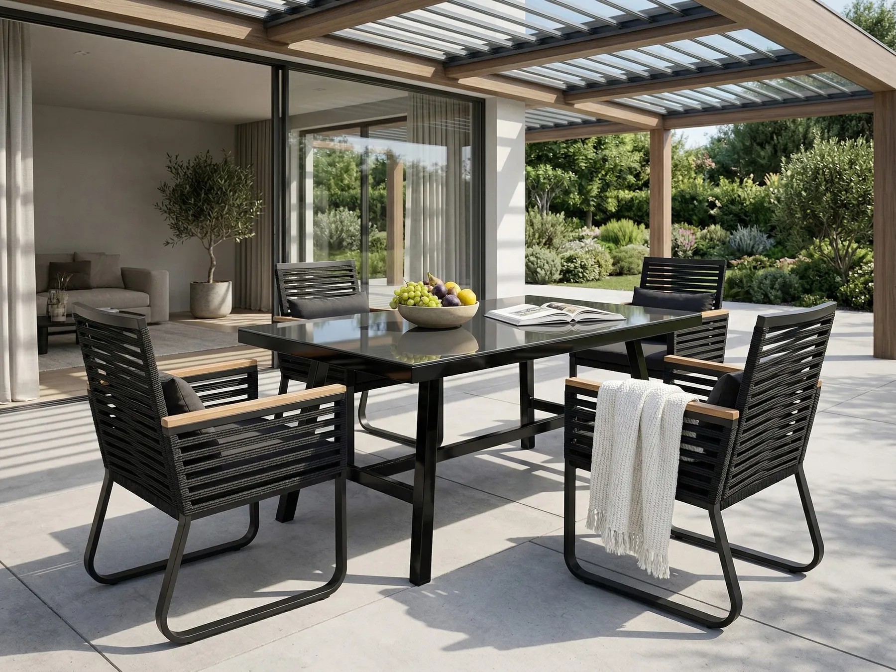 Garden Dining Set 4 Seater CANETTO with Cushions Metal Black_808269