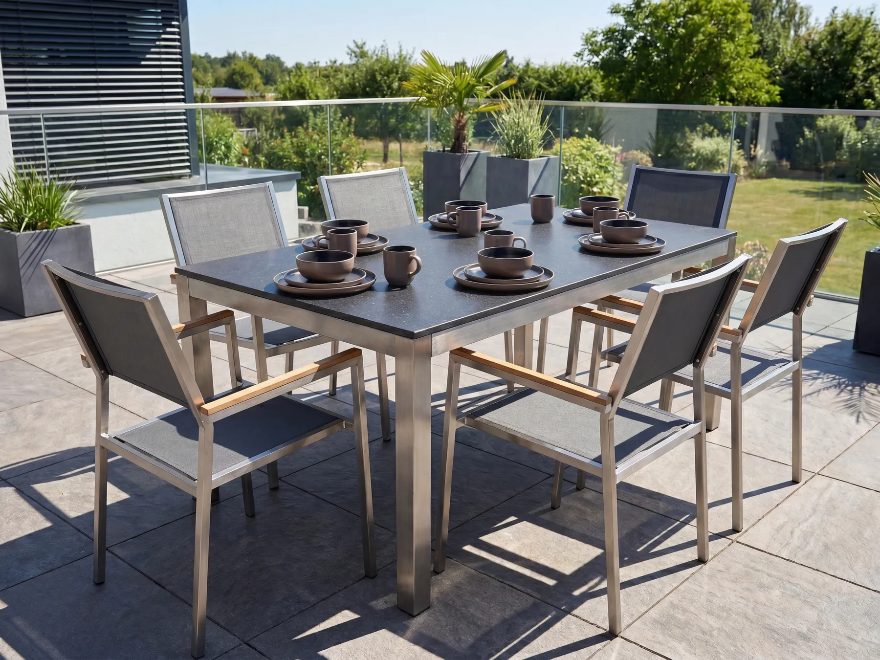 Garden Dining Set 6 Seater GROSSETO Granite Polished Grey/ Black_431600