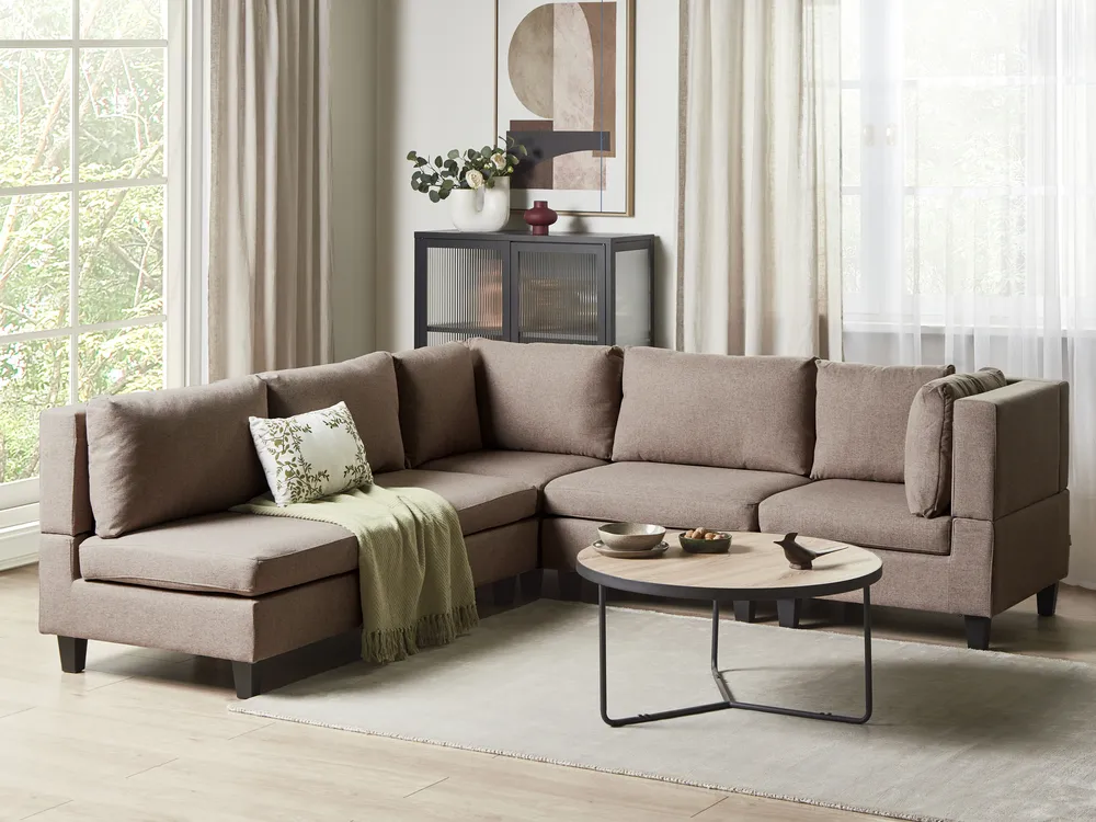 Modular Corner Sofa 5 Seater UNSTAD Fabric Brown Left Hand