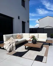 Garden Corner Sofa with Table 5 Seater MYKONOS Certified Acacia Wood Off-White Right Hand_973457