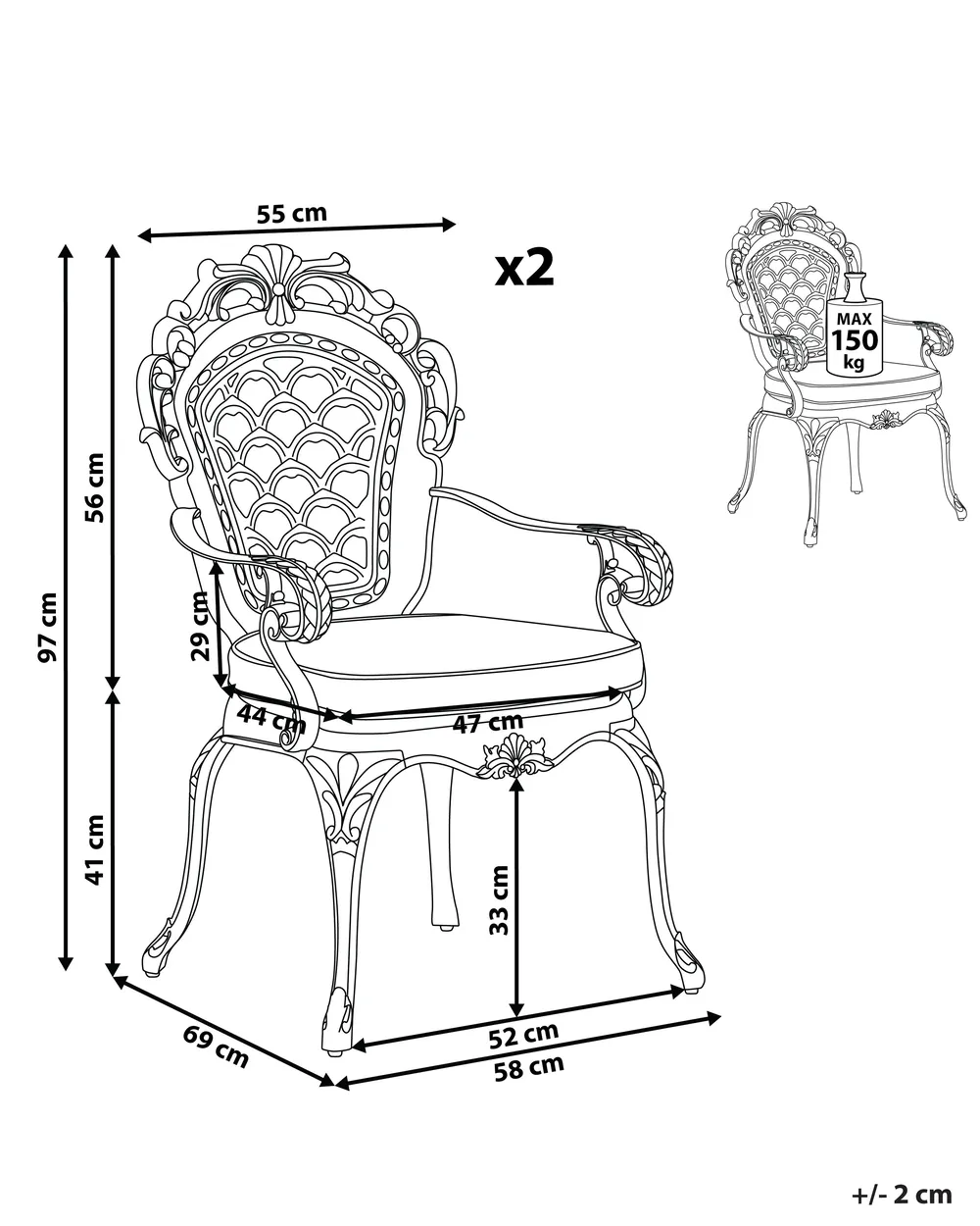 Set of 2 Garden Chairs with Cushions LIZZANO Metal Dark Brown_765552