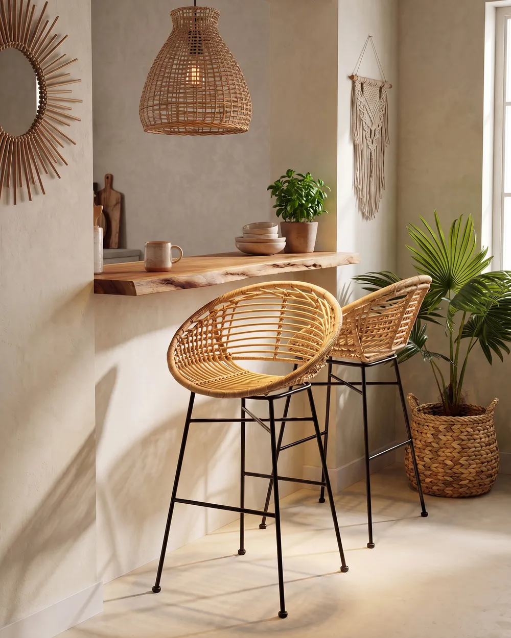 Set of 2 Bar Chairs WINDOM Rattan Natural