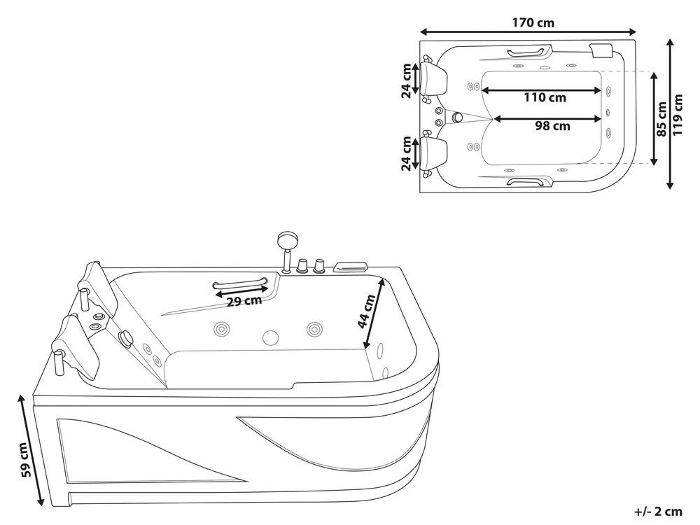 Corner Hot Tub with LED BAYAMO 1700 x 1200 mm White Right Hand_821162
