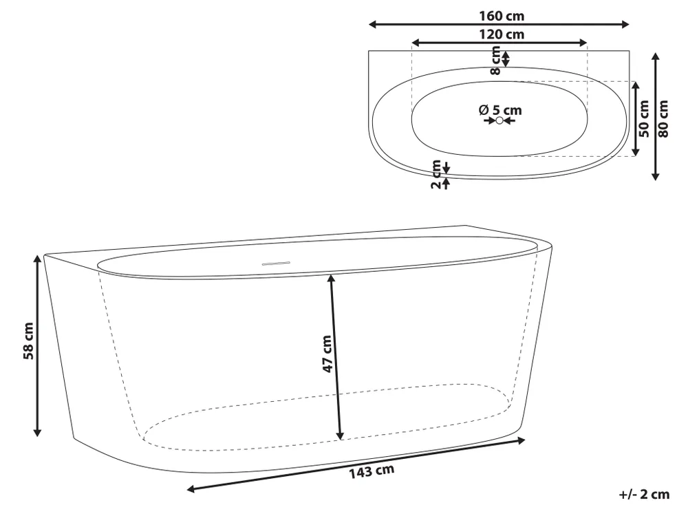 Back to Wall Bathtub PARNAIBA 1600 x 800 mm White_1168375