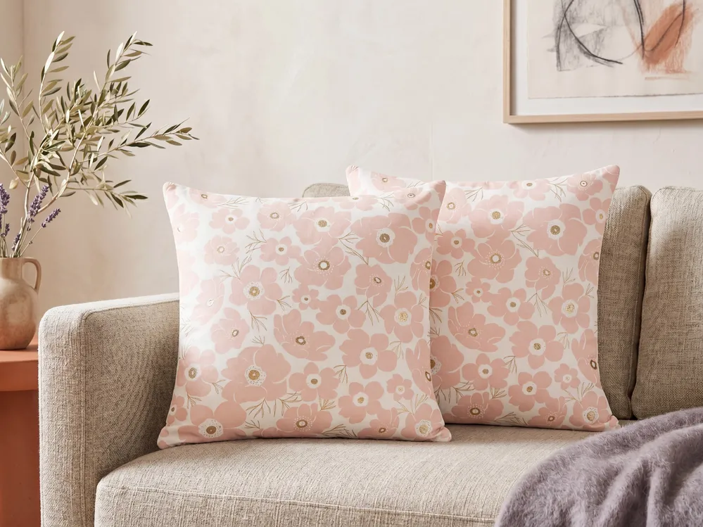 Set of 2 Decorative Cushions TRITELEIA 45 x 45 cm Velvet Pink Floral Pattern_857798