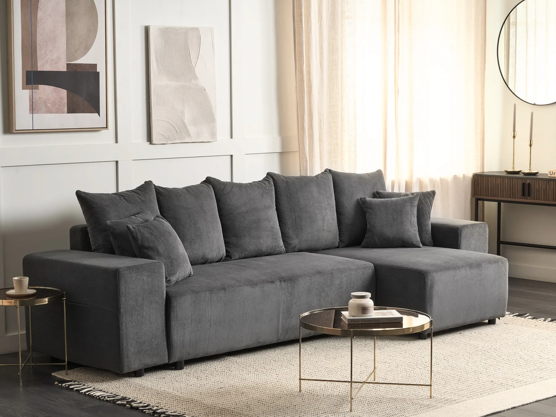 Corner Sofa Bed 3 Seater LUSPA with Storage Corduroy Dark Grey Left Hand_898708