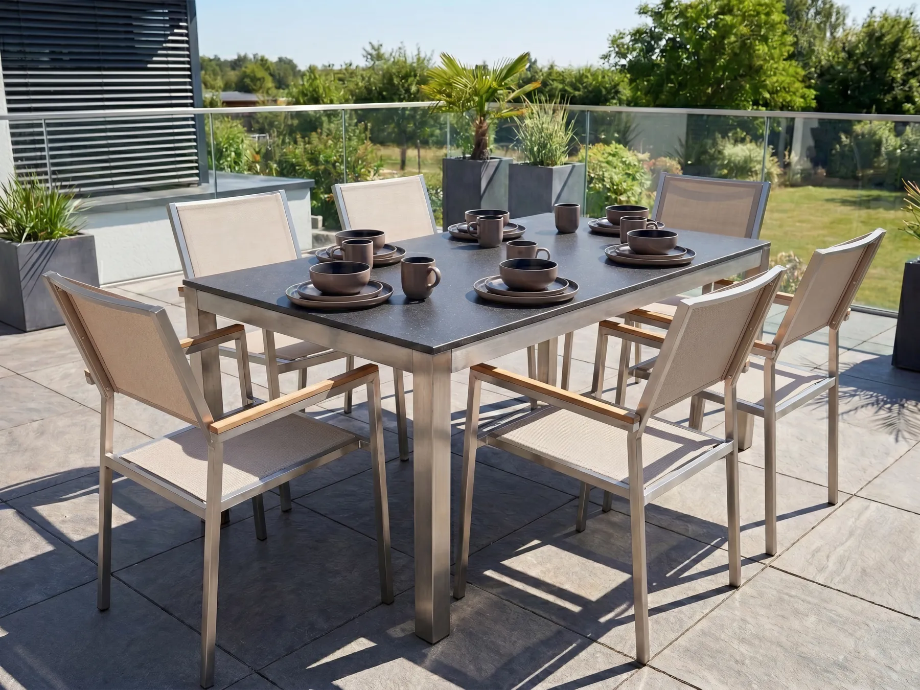 Garden Dining Set 6 Seater GROSSETO Granite Polished Black/ Beige_430502