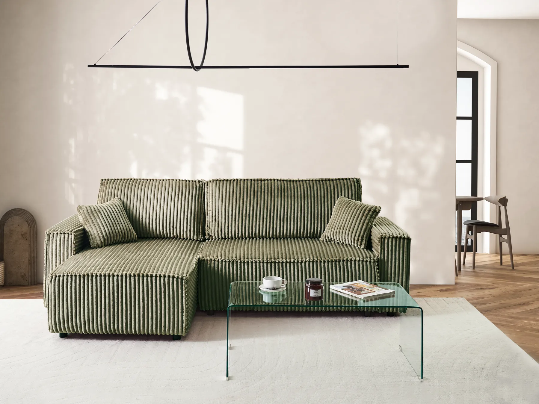 Corner Sofa Bed 3 Seater ABACKA with Storage Corduroy Green Right Hand_959966