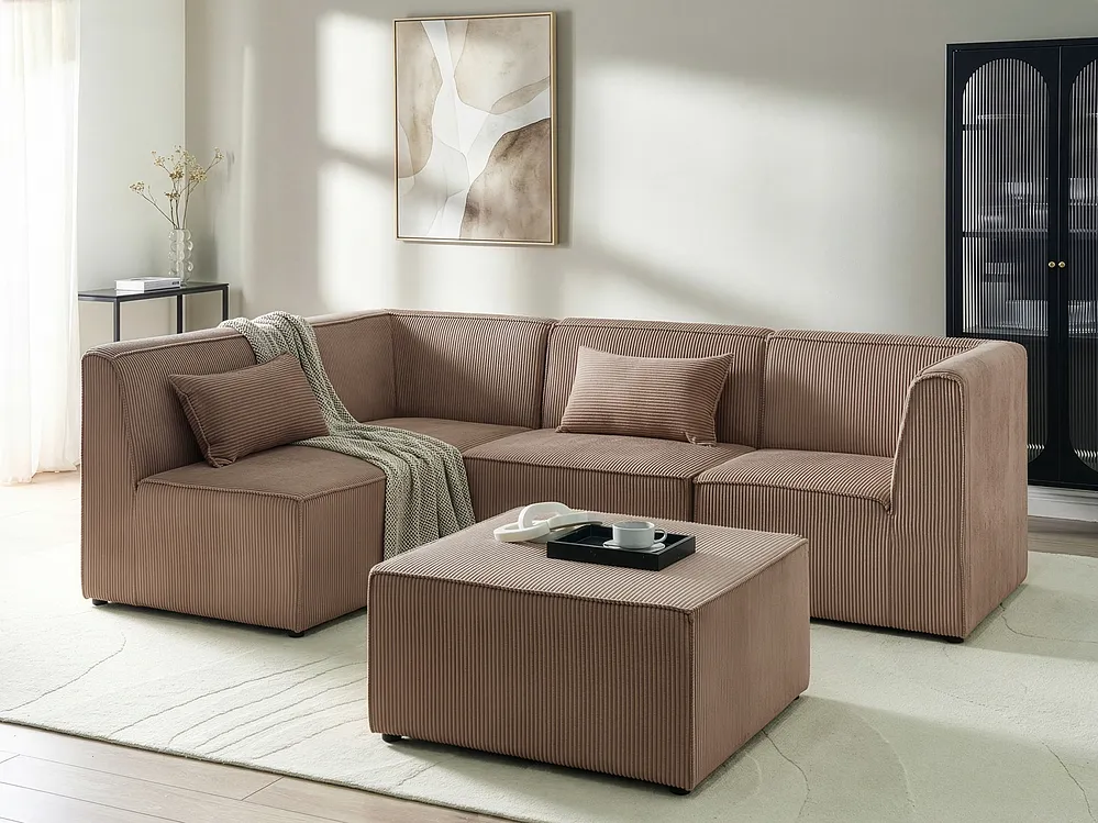 Modular Corner Sofa 4 Seater LEMVIG with Ottoman Corduroy Dark Beige Right Hand_1154499