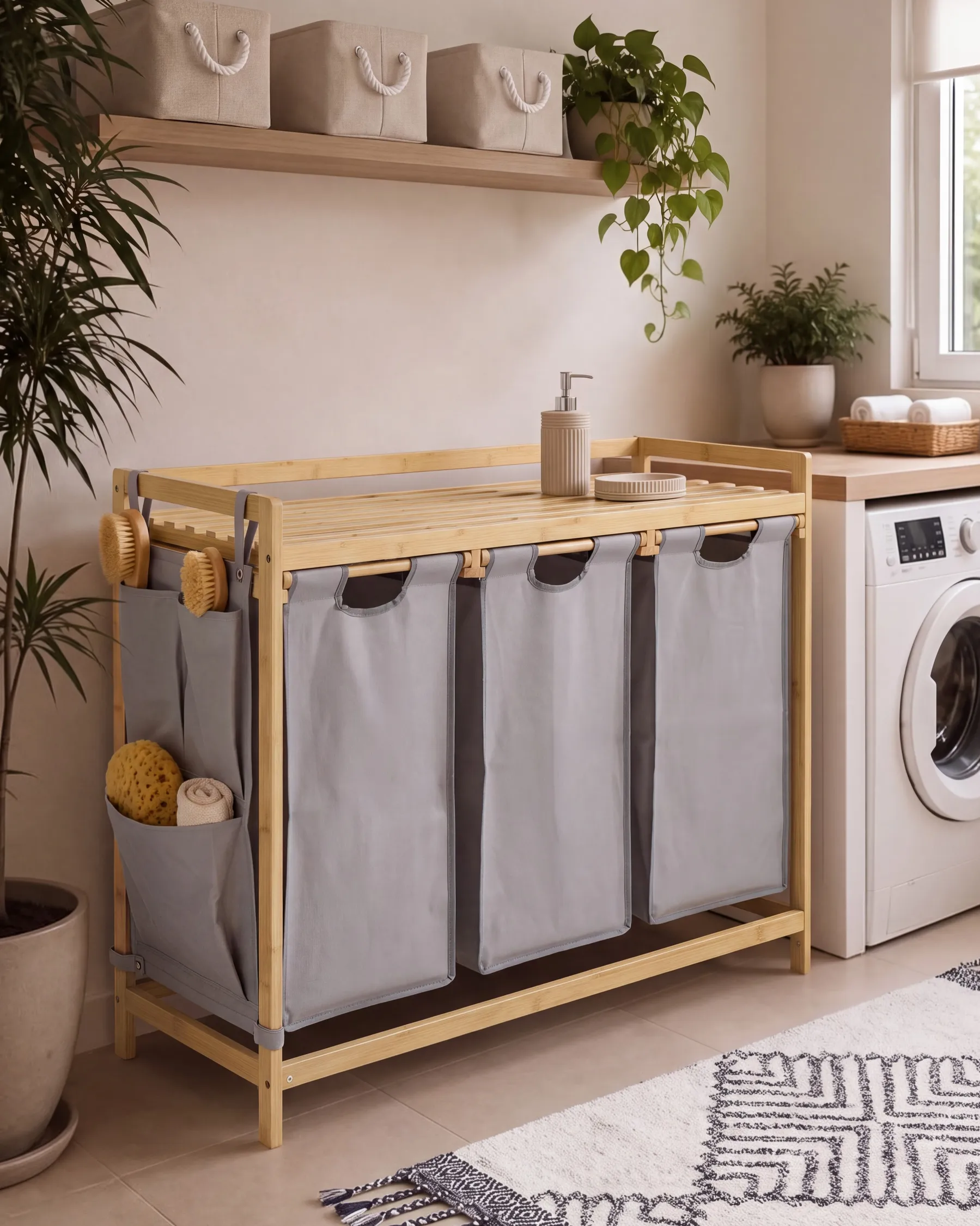 Set of 3 Laundry Baskets with Shelf TOROTAL Bamboo Light Brown/ Grey 120 L_1136199