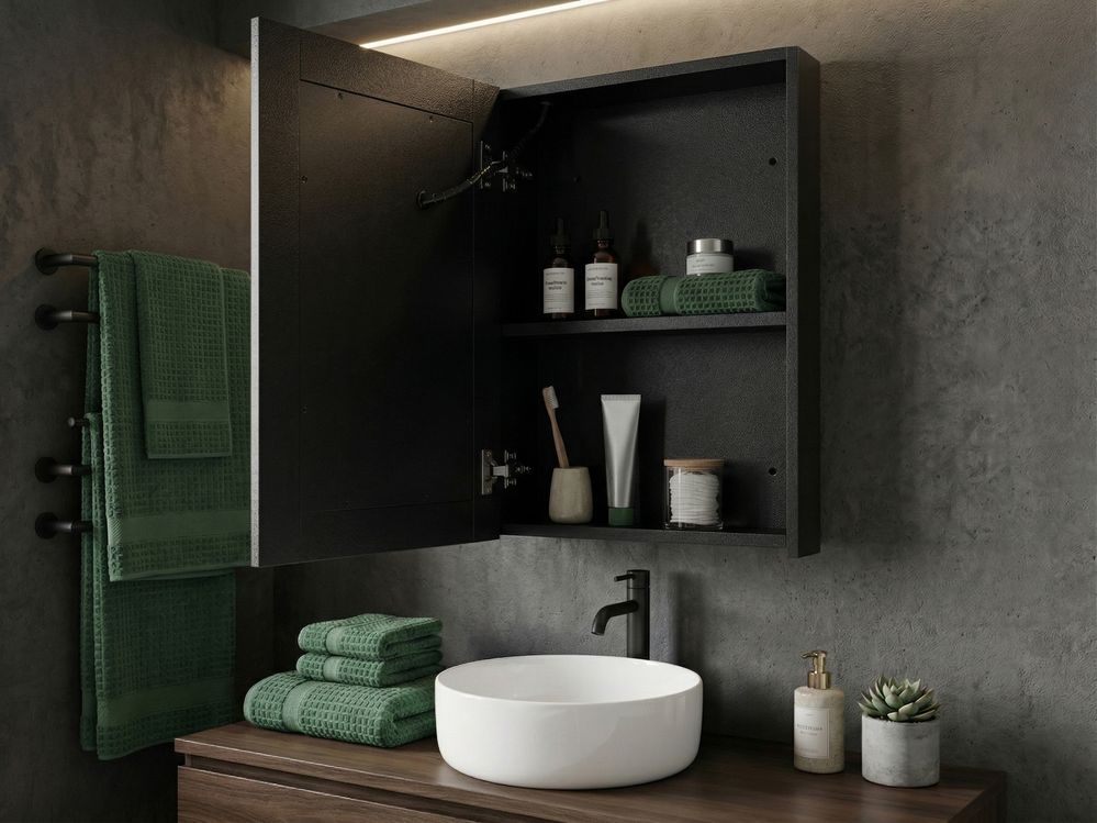 Bathroom Wall Mounted Mirror Cabinet LED MALASPINA 40 cm x 60 cm Black
