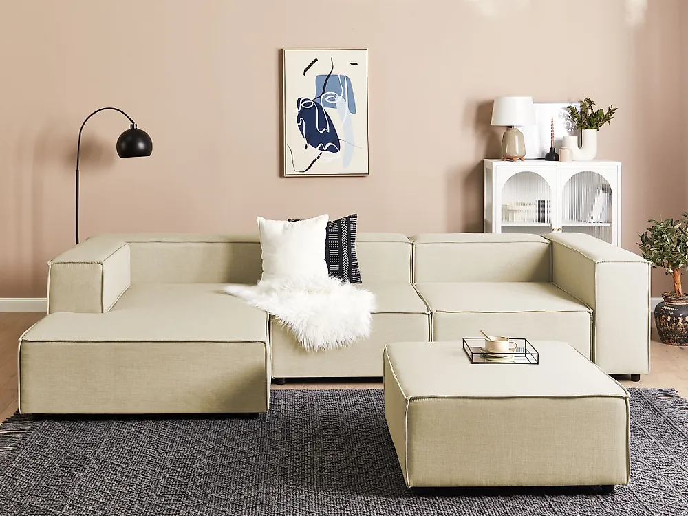 Modular Corner Sofa APRICA with Ottoman Faux Linen Beige Right Hand_1172074