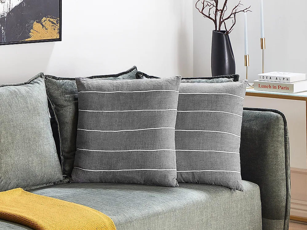 Set med 2 prydnadskuddar MILAS 50 x 50 cm Linne Grå Randigt_1183842