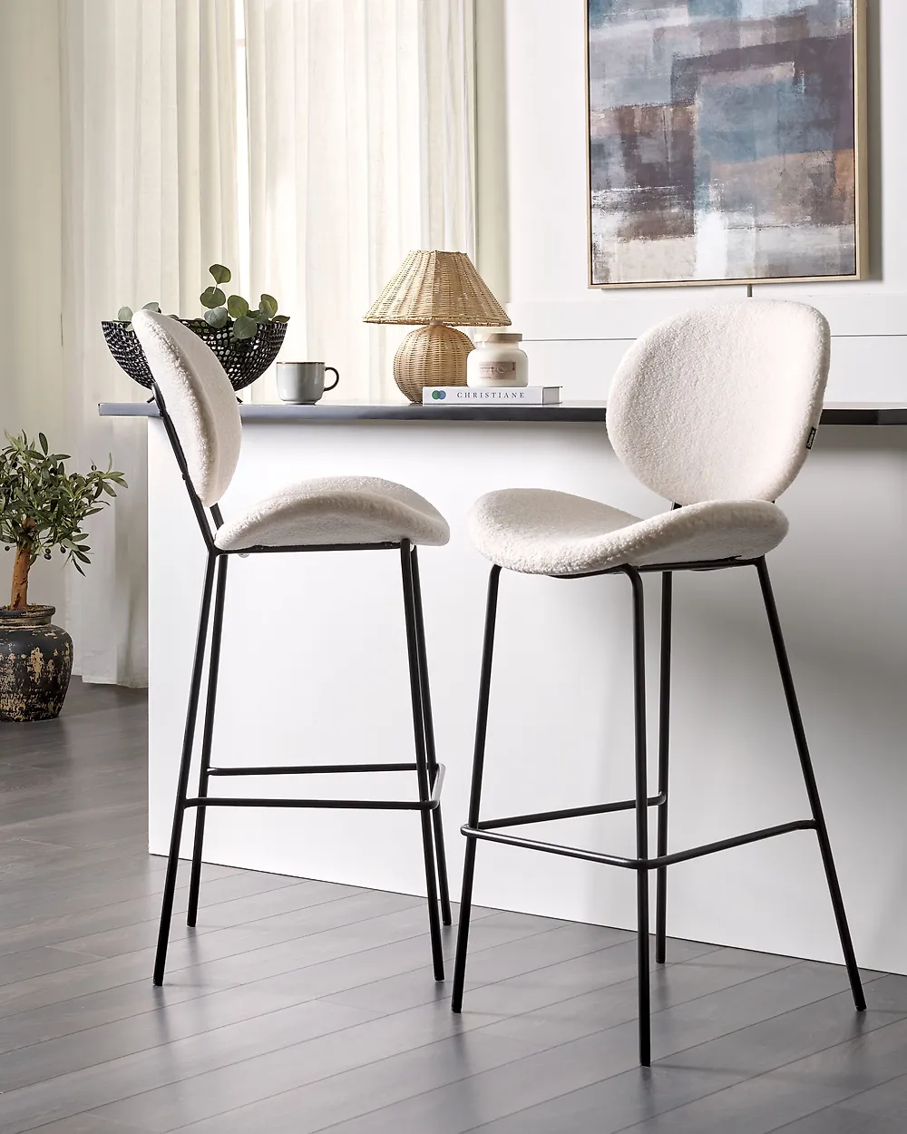 Set med 2 barstolar LUANA Bouclé Vit_1184875