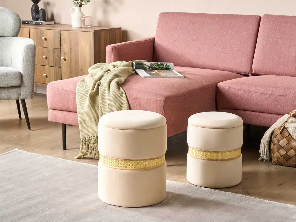 Set of 2 Storage Pouffes MEDFORD Velvet Light Beige