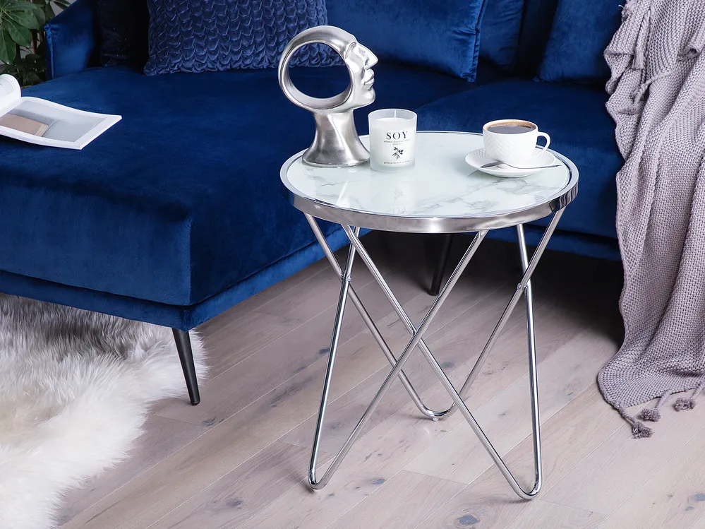 Side Table MERIDIAN Tempered Glass Marble/ Silver