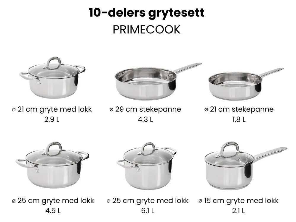 Grytesett med 10 deler PRIMECOOK Rustfritt stål Sølv_1051154