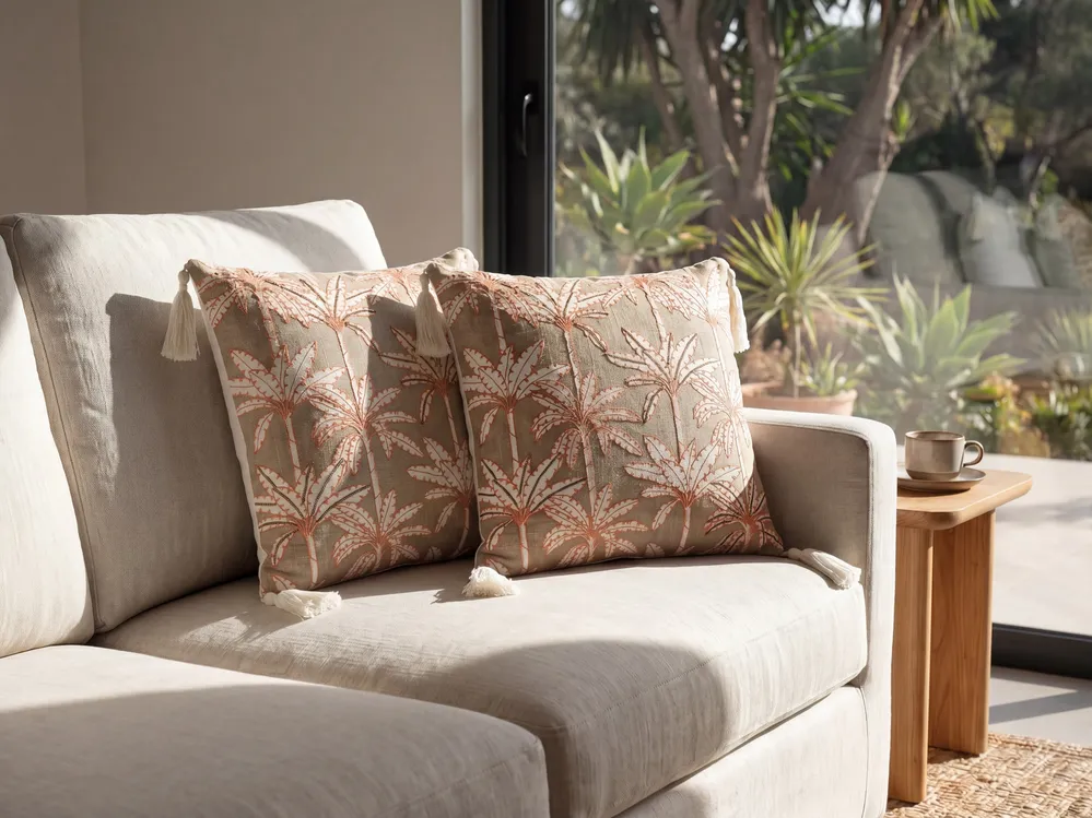 Throw Cushion MELOBESIA 45 x 45 cm Cotton Beige Plant Pattern