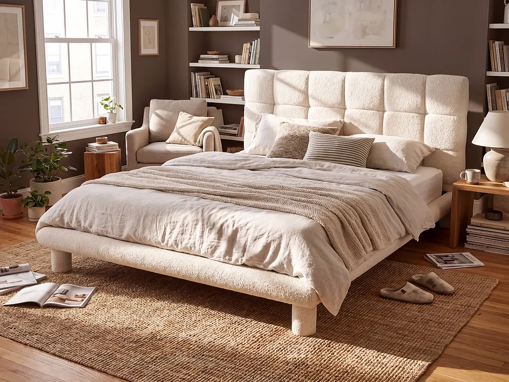 Säng med lamellram Bouclé CRESSAT 160 x 200 cm Off-White_1150974