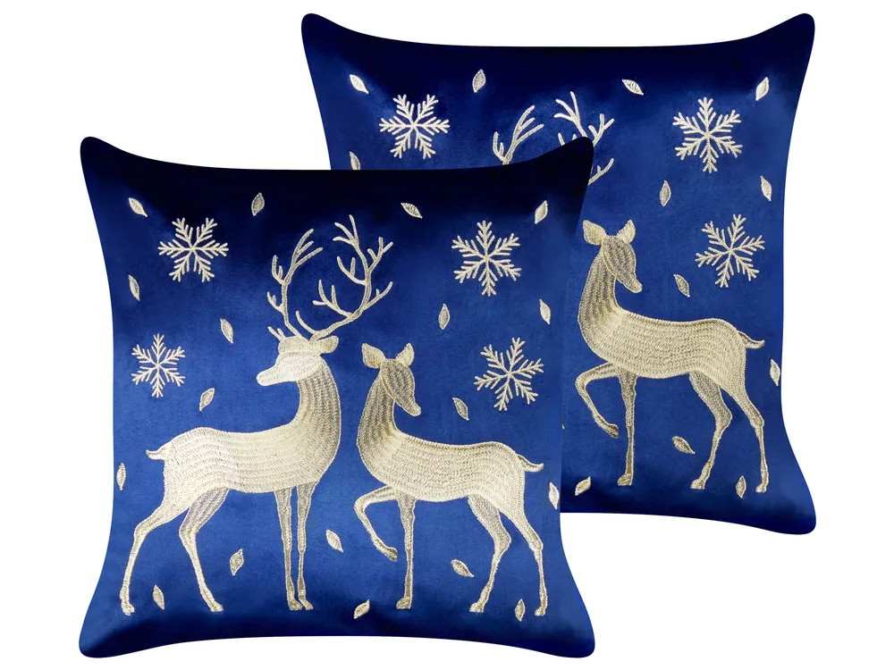Set of 2 Decorative Cushions MERINGUE 45 x 45 cm Velvet Dark Blue Christmas Motif