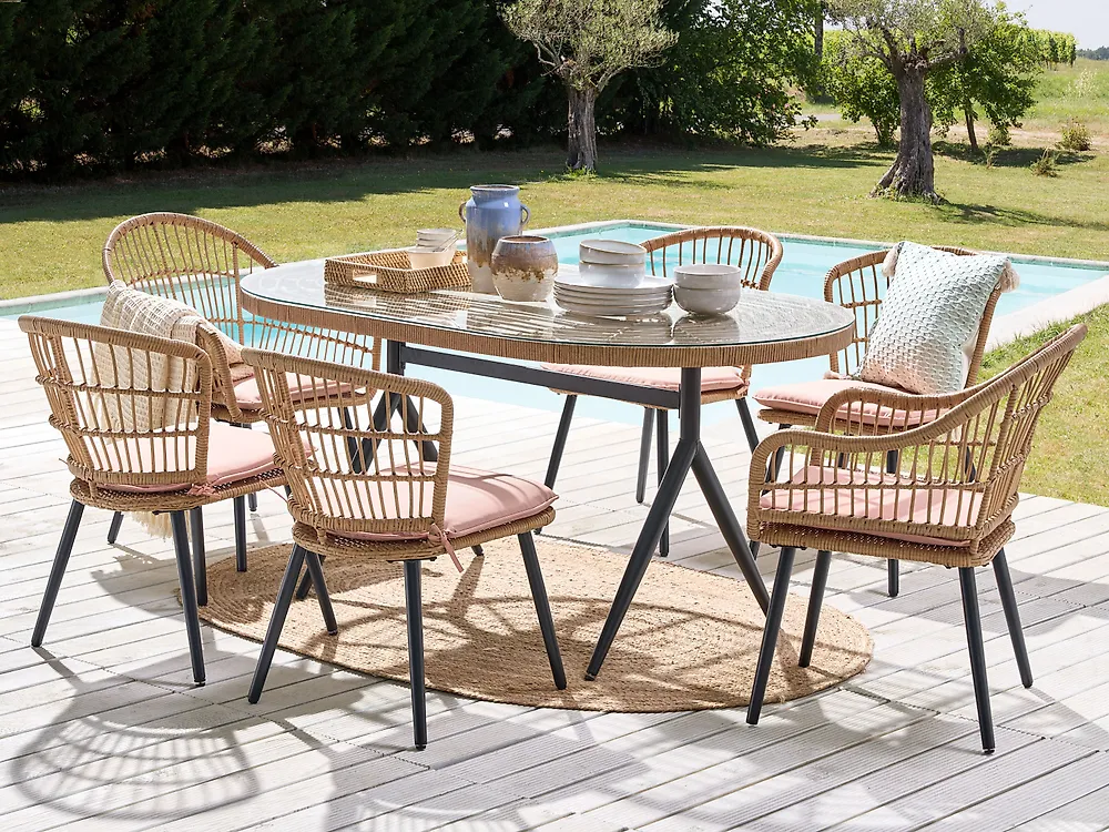 Garden Dining Set 6 Seater ALIANO with Cushions PE Rattan Pastel Pink_1172880