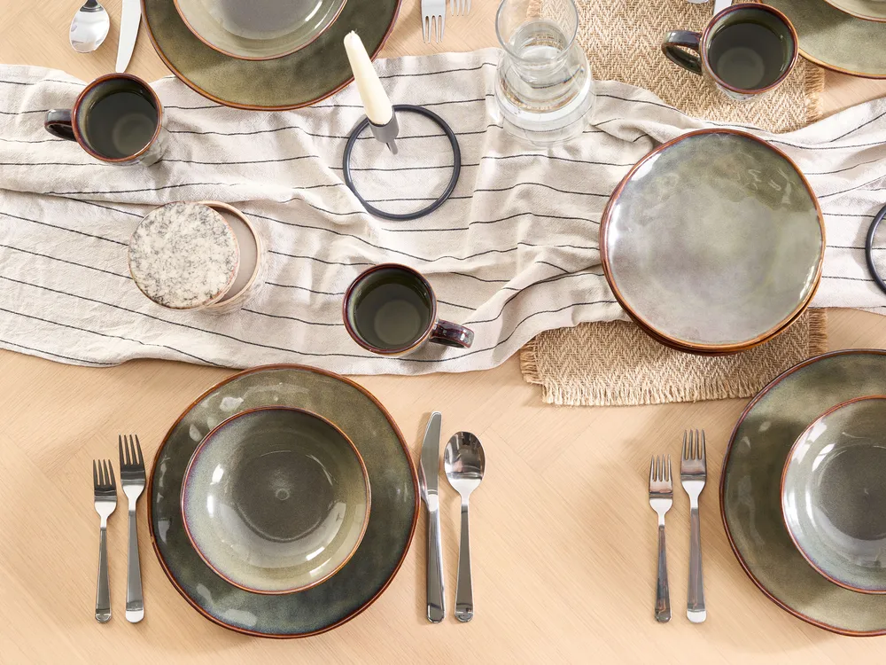 Set of 4 Dinner Plates THYME Stoneware Dark Green